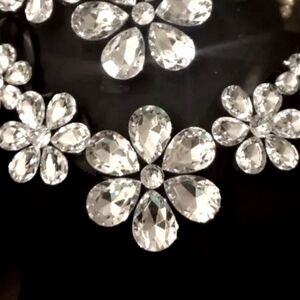 Clear Crystal Rhinestone Five Flower Statement Ribbon Tie Necklace